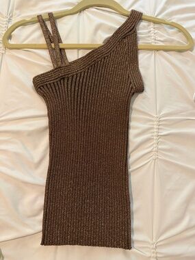 Cache Metallic Ribbed Brown One-Shoulder Top XS